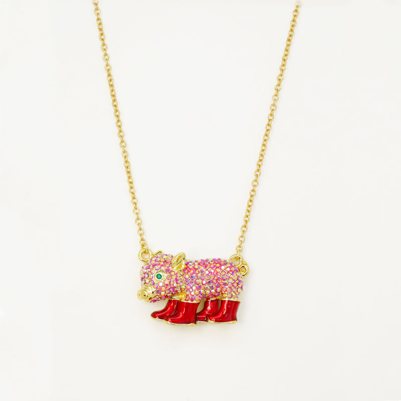 Crystal Piglet in Wellington Boots Necklace