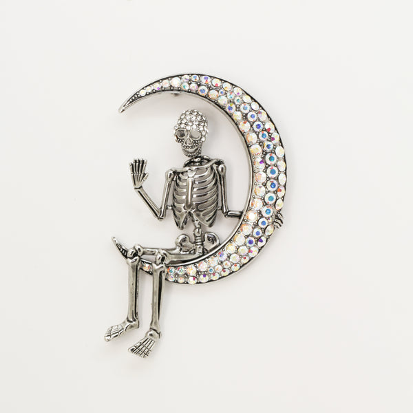 Skeleton on Crescent Moon Brooch