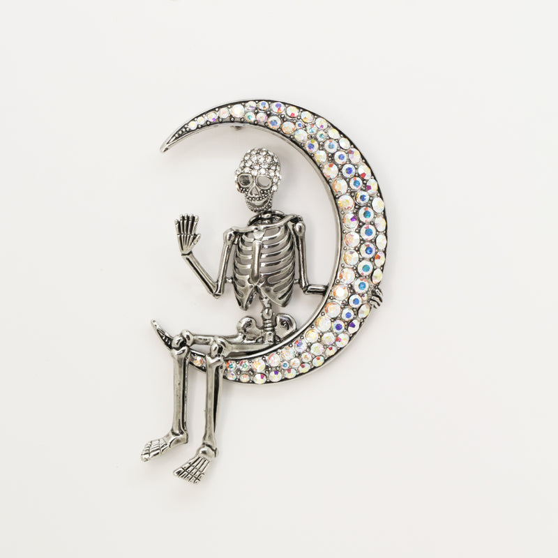 Skeleton on Crescent Moon Brooch