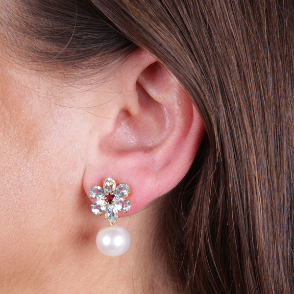 Topaz Rhodolite and White Pearl Earrings