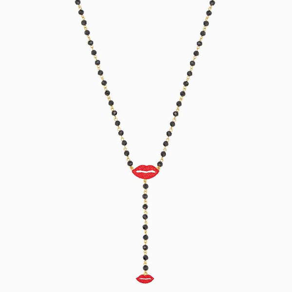 Two Crystal Lips on Beaded Y Shape Necklace