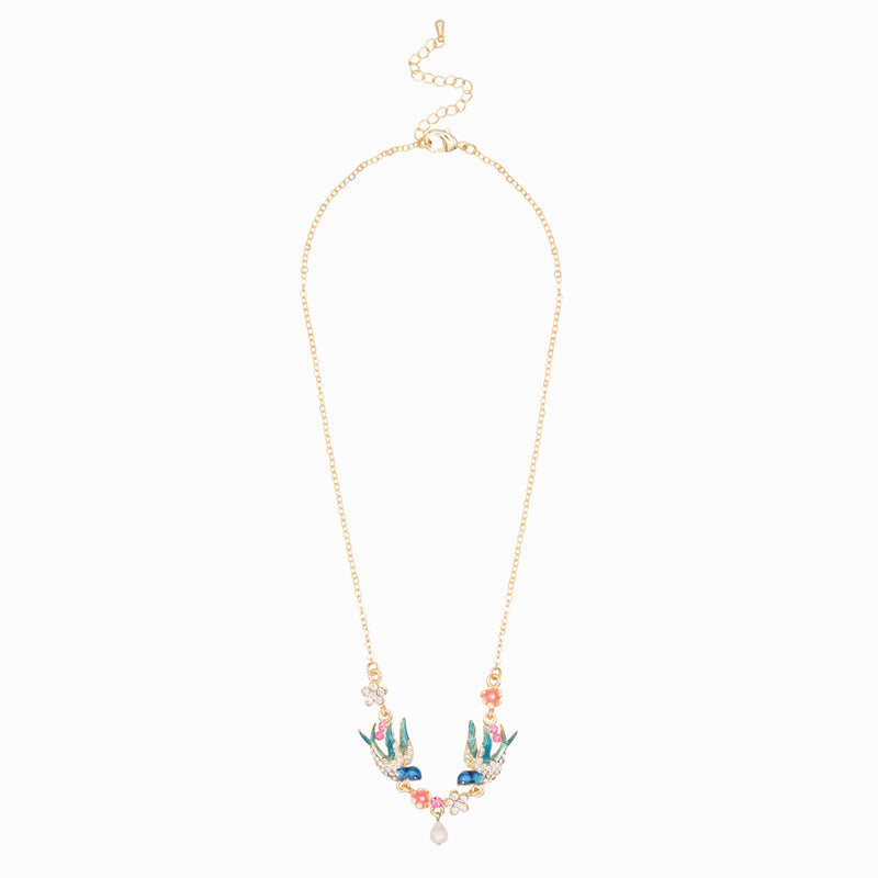 Crystal Swallows with Drop Pearl Necklace