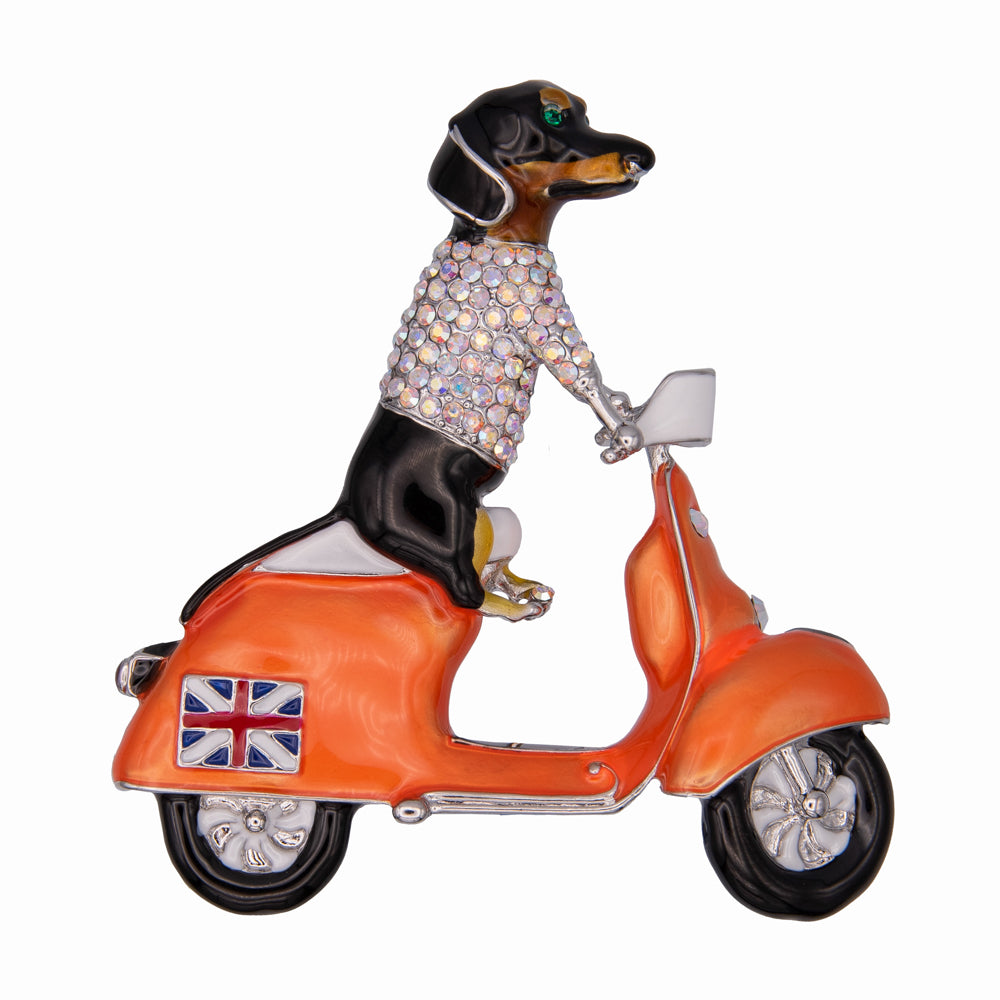 Crystal Dachshund on Scooter Brooch | Brooch | Butler & Wilson