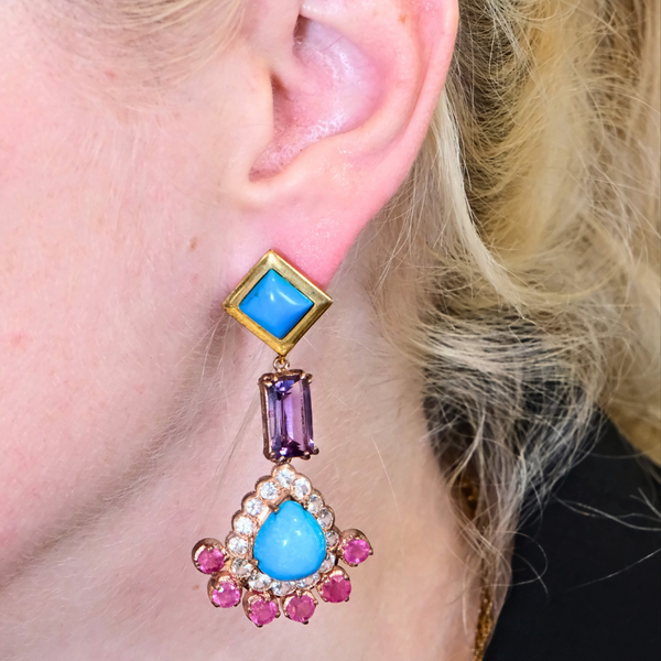 Turquoise Amethyst Topaz and Ruby Earrings