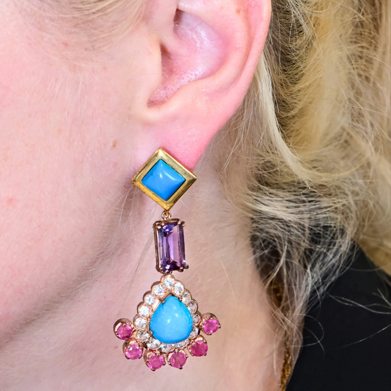 Turquoise Amethyst Topaz and Ruby Earrings