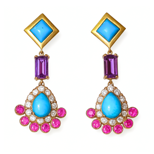 Turquoise Amethyst Topaz and Ruby Earrings