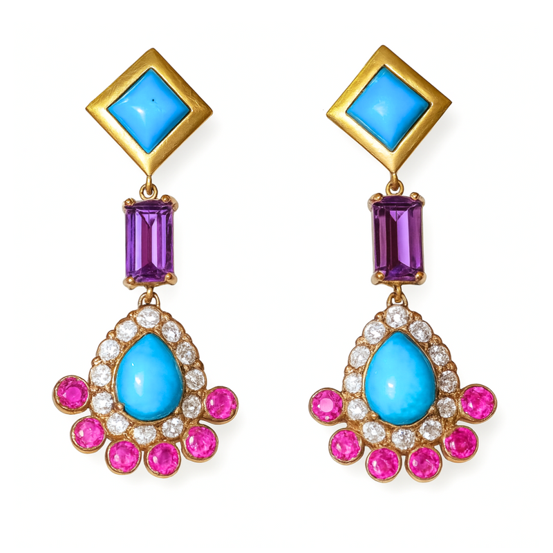 Turquoise Amethyst Topaz and Ruby Earrings
