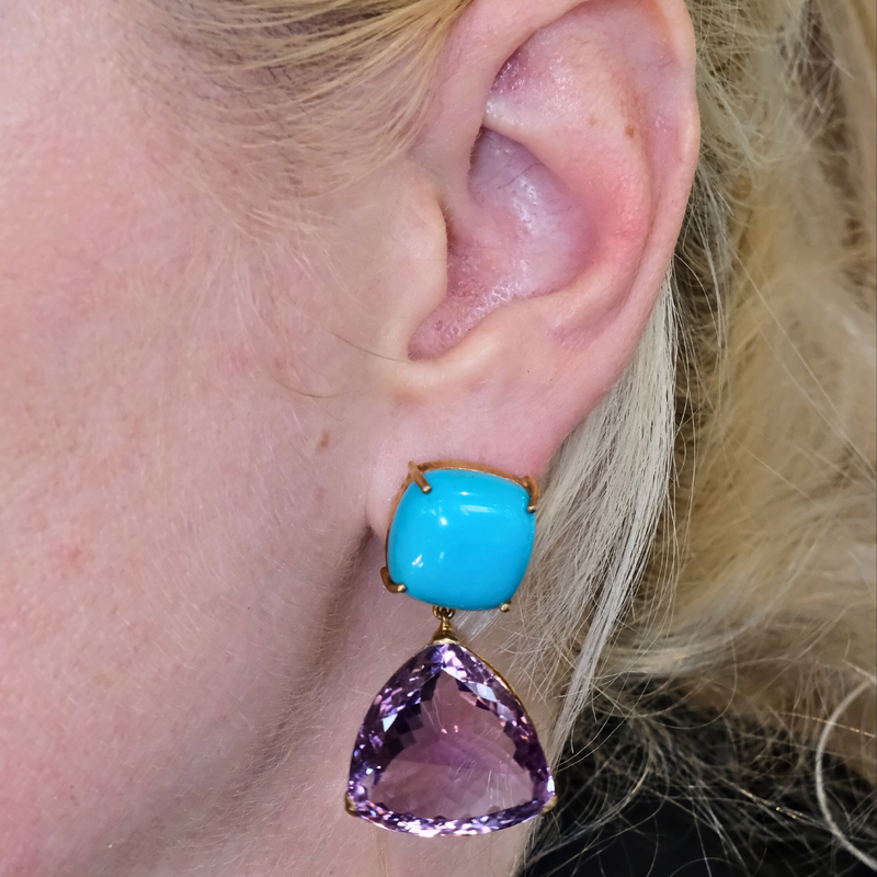 Square Turquoise with Triangle Drop Amethyst Earrings