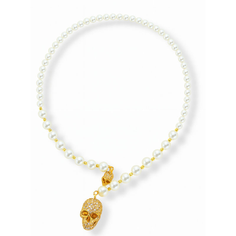 Wraparound Skull Faux Pearl Necklace