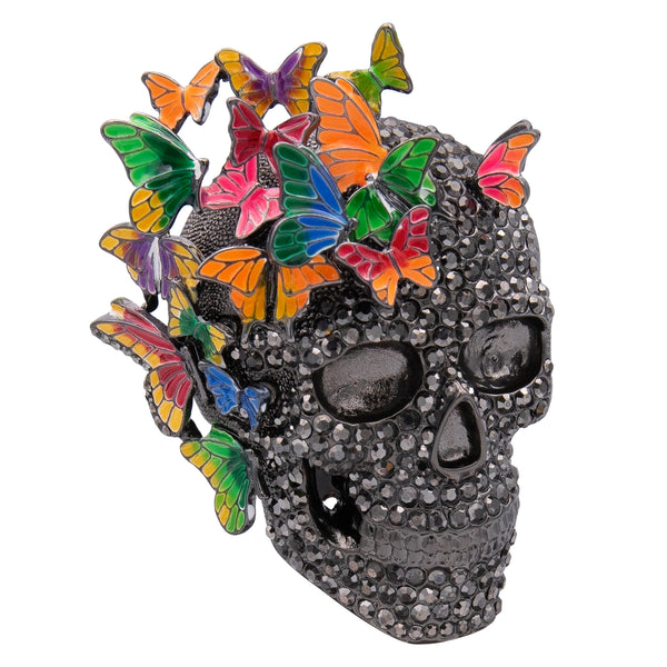 Crystal Skull & Butterflies Brooch