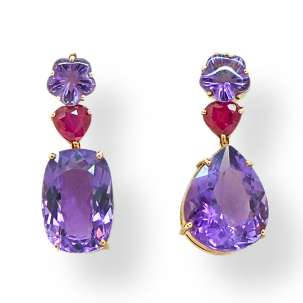 Abstract Amethyst and Ruby Earrings