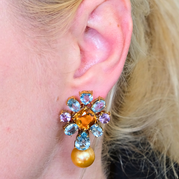 Ruby Amethyst Garnet Citrine with Freshwater Pearl Earrings