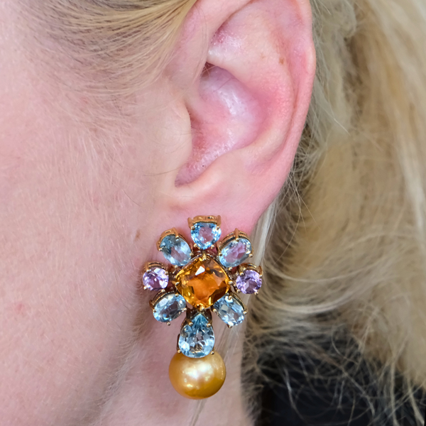 Topaz Citrine Amethyst and Freshwater Pearl Earrings
