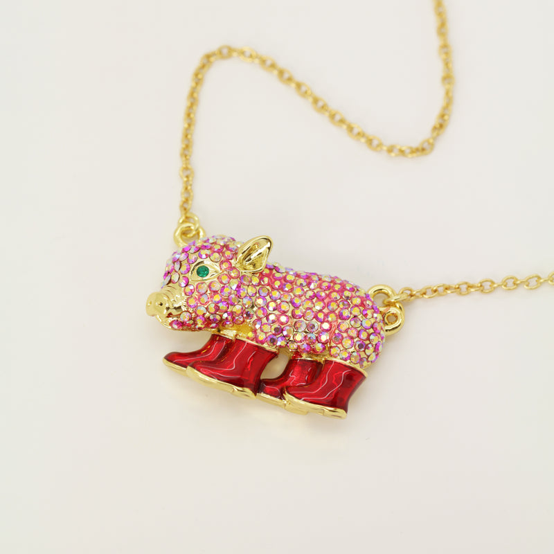 Crystal Piglet in Wellington Boots Necklace