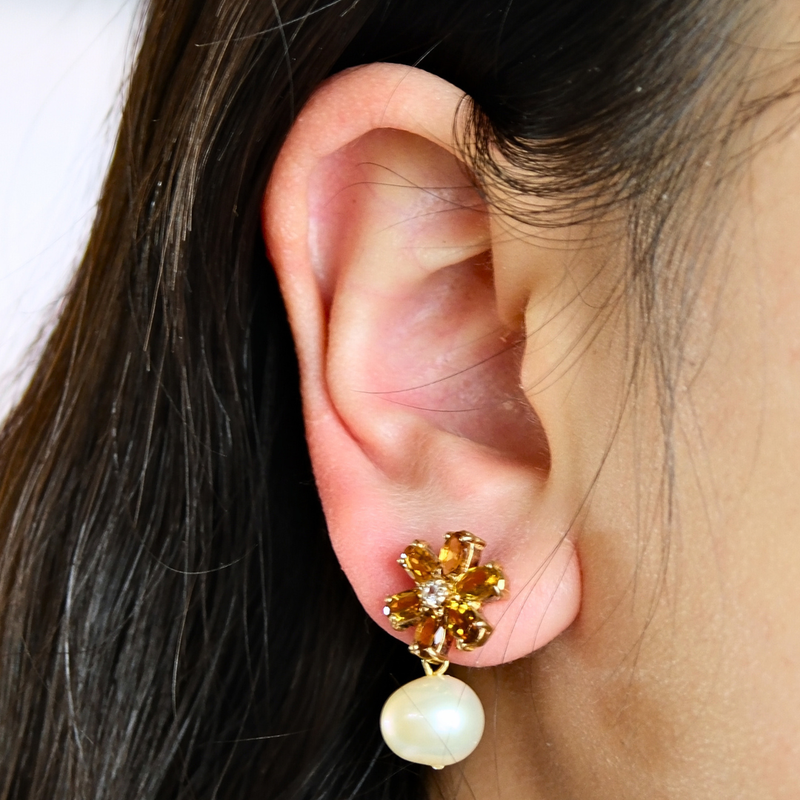 Floral Dravite Tourmaline and Freshwater Pearl Earrings