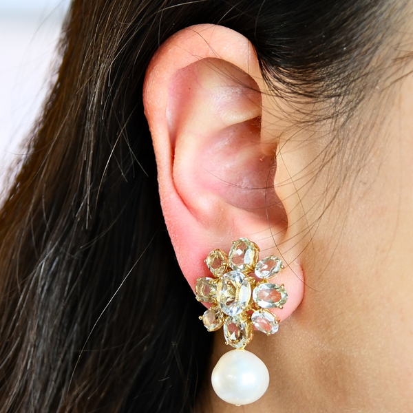 White Topaz Flower and Freshwater Pearl Earrings
