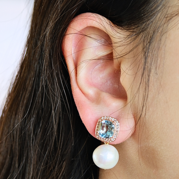 Blue and White Topaz Freshwater Pearl Earrings