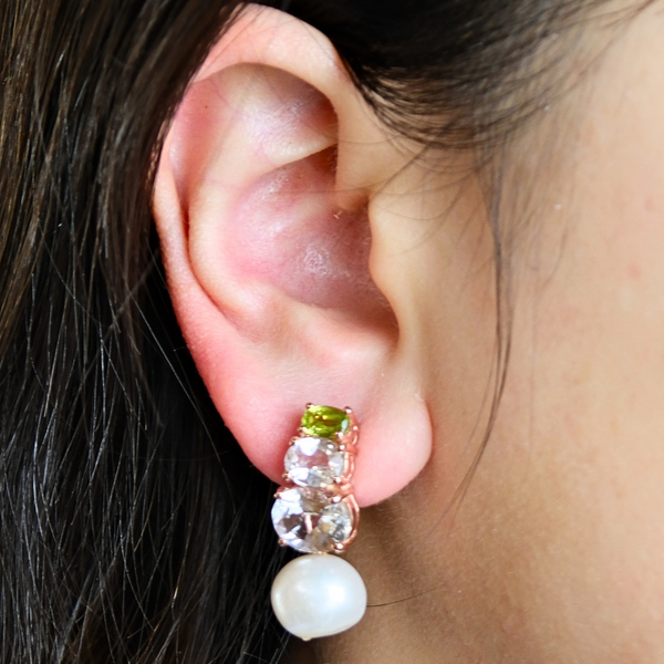 Green Peridot White Topaz and Freshwater Pearl Earrings