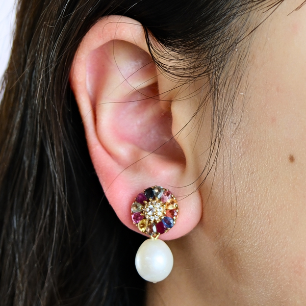 Dark Multi Sapphire and Freshwater Pearl Earrings