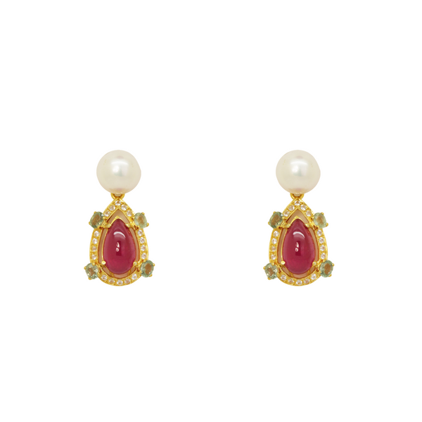 Ruby Peridot and Freshwater Pearl Earrings