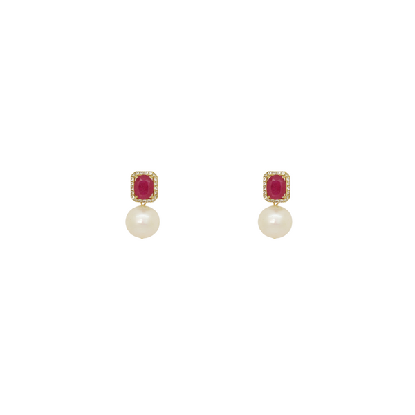 Rectangle Ruby and Pearl Earrings