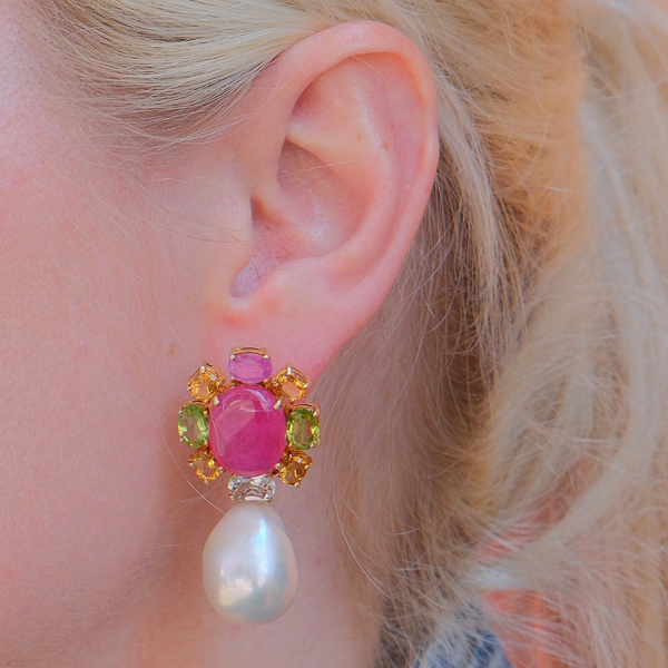 Ruby Garnet Citrine Pearl Earrings