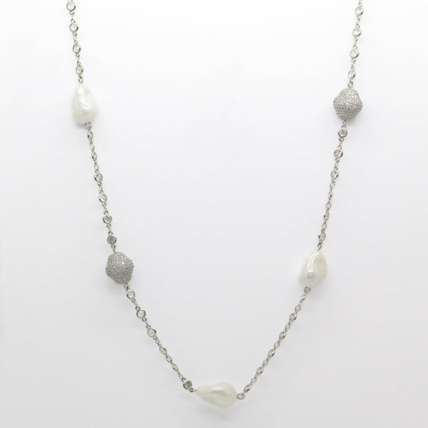 Single Strand Crystal and Shell Pearl Necklace