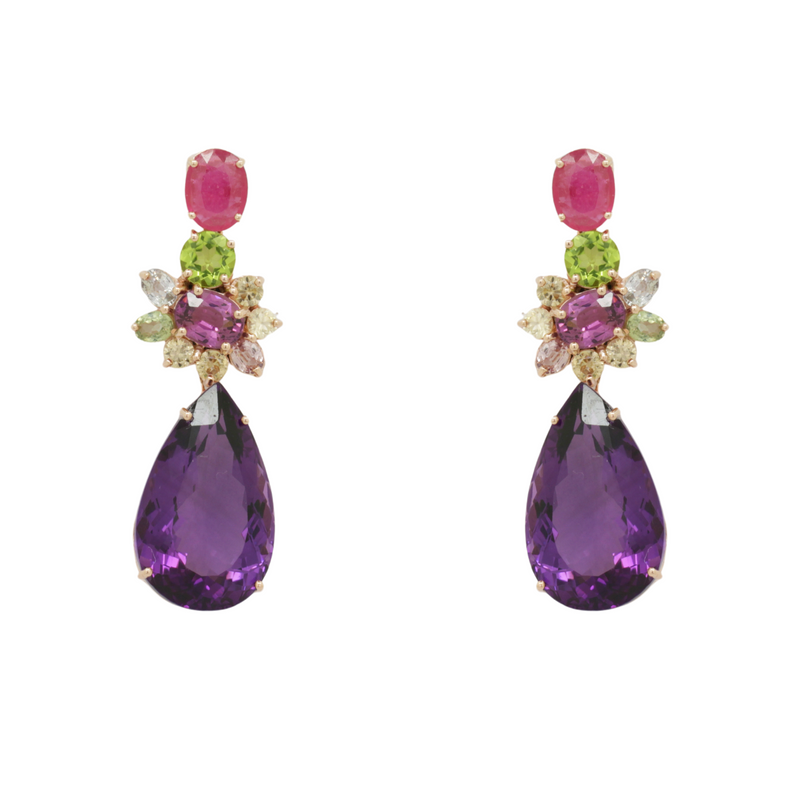 Ruby Peridot and Amethyst Earrings