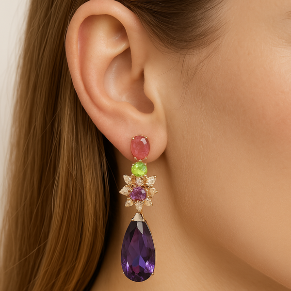 Ruby Peridot and Amethyst Earrings