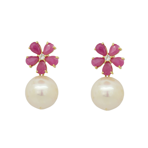Flower Ruby and Pearl Earrings