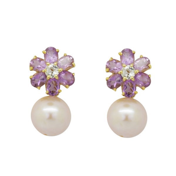 Topaz Amethyst and Pearl Flower Earrings