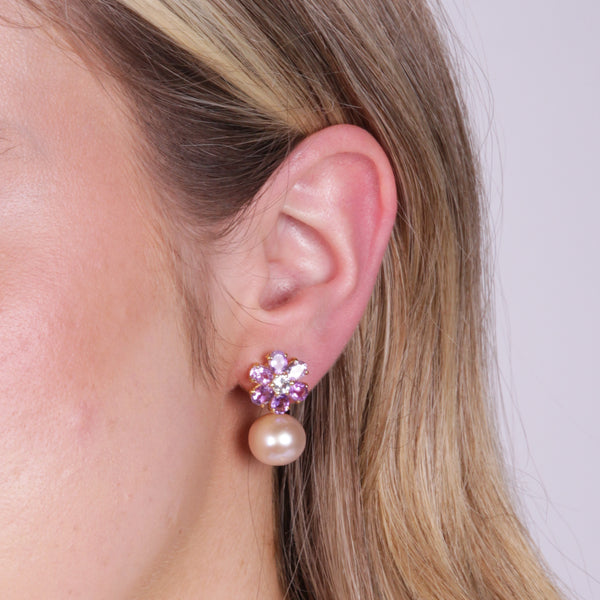 Topaz Amethyst and Pearl Flower Earrings
