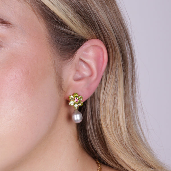 Rhodolite Peridot and Pearl Earrings