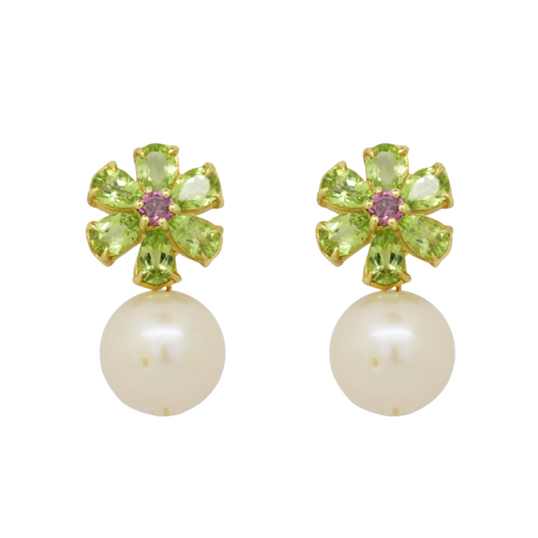 Peridot Rhodolite and Pearl Earrings