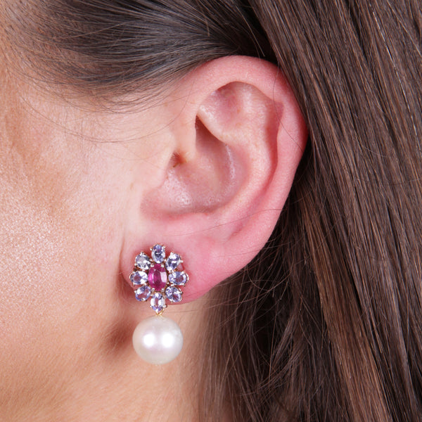 Ruby Iolite and Pearl Earrings