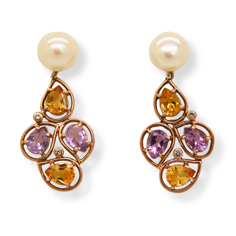 Double Amethyst Citrine and Pearl Earrings