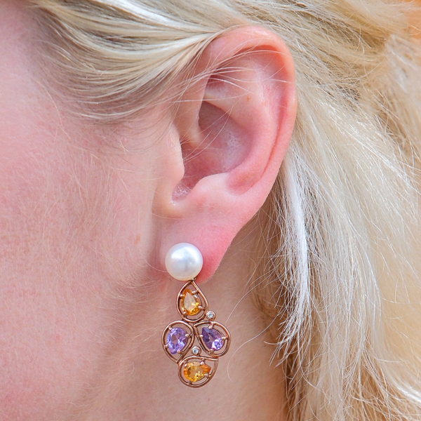 Double Amethyst Citrine and Pearl Earrings