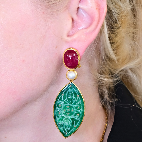 Ruby Freshwater Pearl and Jade Earrings