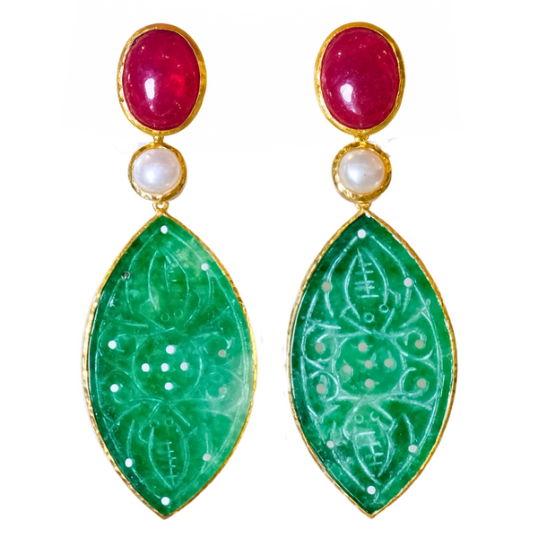 Ruby Freshwater Pearl and Jade Earrings