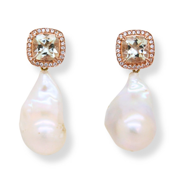 Green Amethyst and Baroque Pearl Earrings