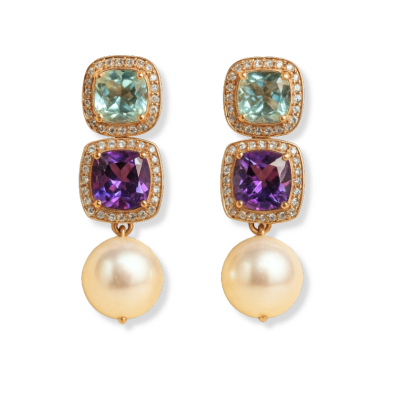 Topaz Amethyst and Freshwater Pearl Earrings