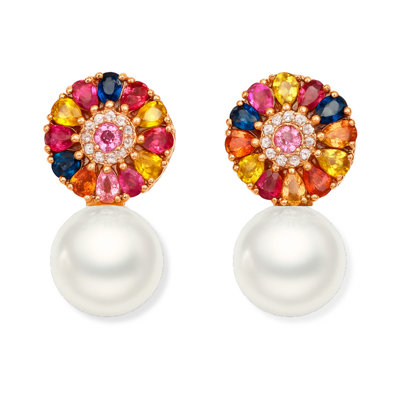 Round Multi Sapphire and Freshwater Pearl Earrings
