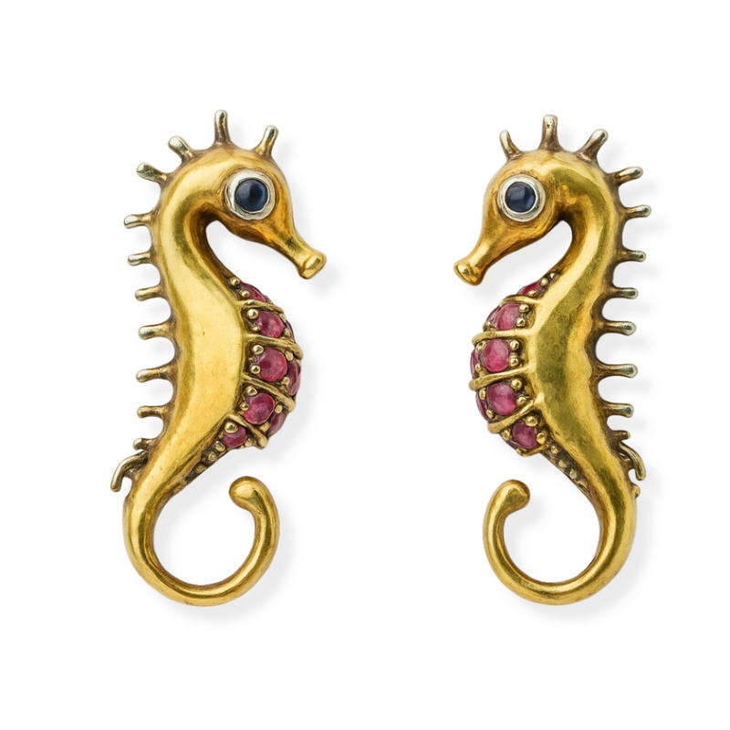Antique Style Ruby Seahorse Earrings