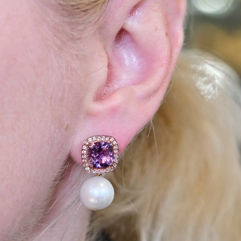 Square Amethyst Topaz and Freshwater Pearl Earrings