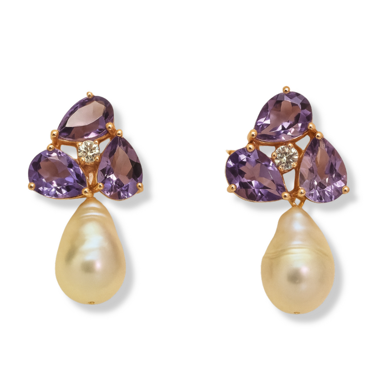 Teardrop Amethyst Trio and Baroque Pearl Earrings
