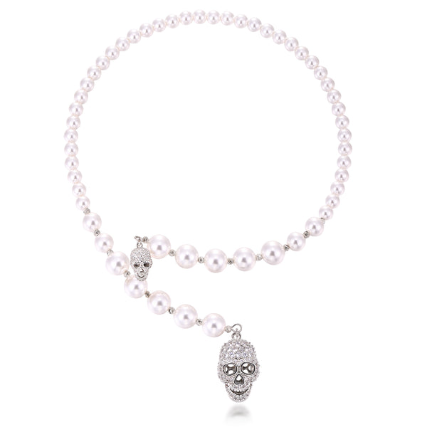 Wraparound Skull Faux Pearl Necklace