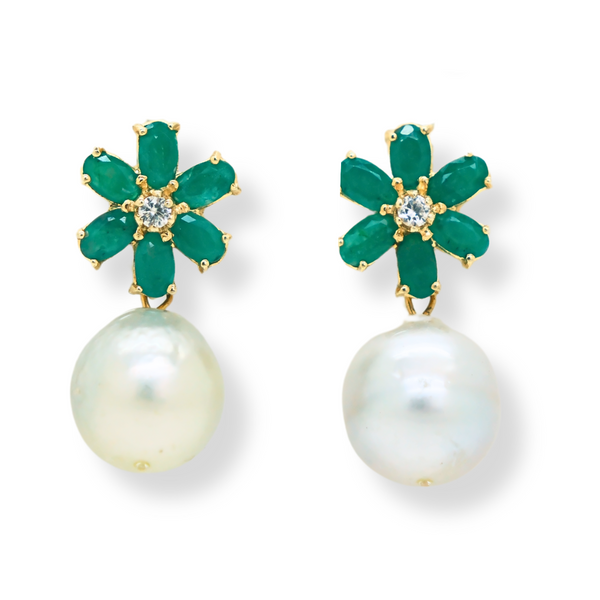Floral Emerald and Freshwater Pearl Earrings