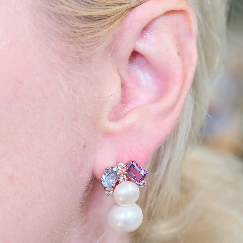 Topaz Amethyst Double Pearl Earrings