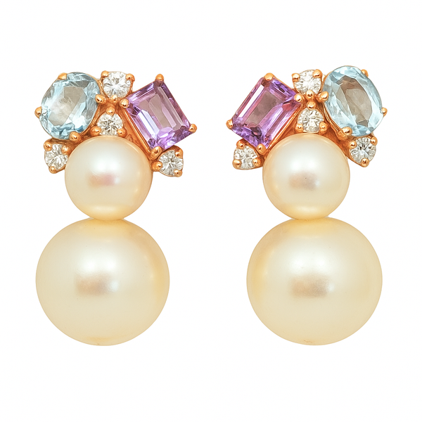 Topaz Amethyst Double Pearl Earrings