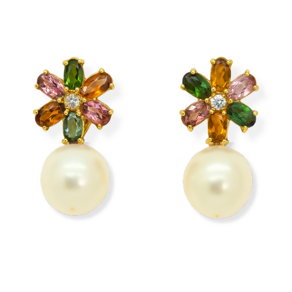Floral Tourmaline and Freshwater Pearl Earrings
